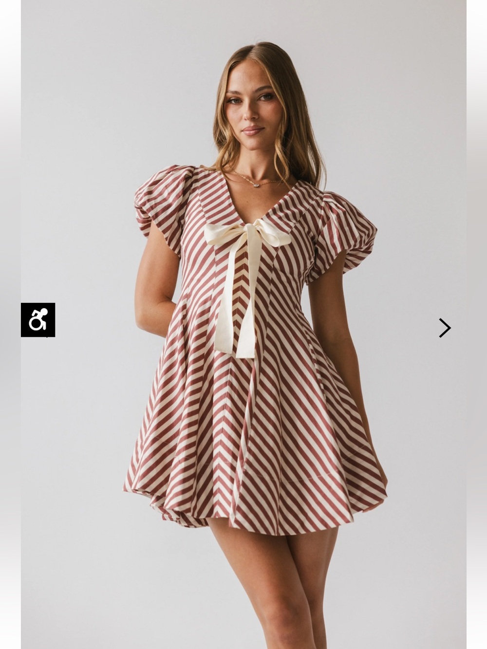Striped Puff-Sleeve Mini Dress with Bow - Pink/Cream